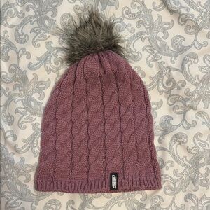 Purple Cable Knit Hat with Faux Fur Pom